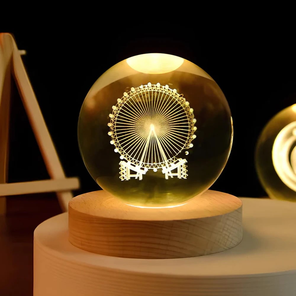 3D lézergravírozott kristálygömb-lámpa – fa talppal, USB-s LED-es éjjeli lámpa