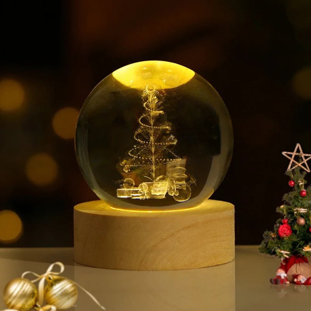 3D lézergravírozott kristálygömb-lámpa – fa talppal, USB-s LED-es éjjeli lámpa