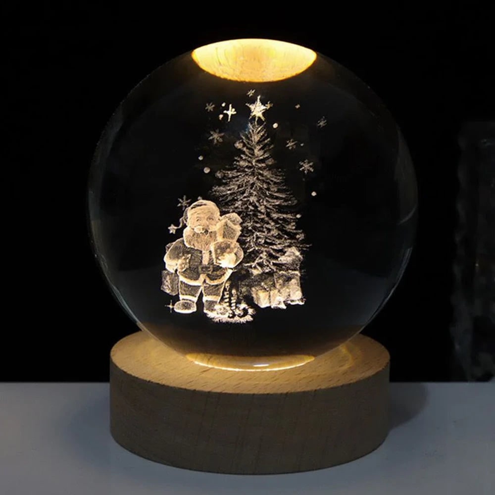 3D lézergravírozott kristálygömb-lámpa – fa talppal, USB-s LED-es éjjeli lámpa
