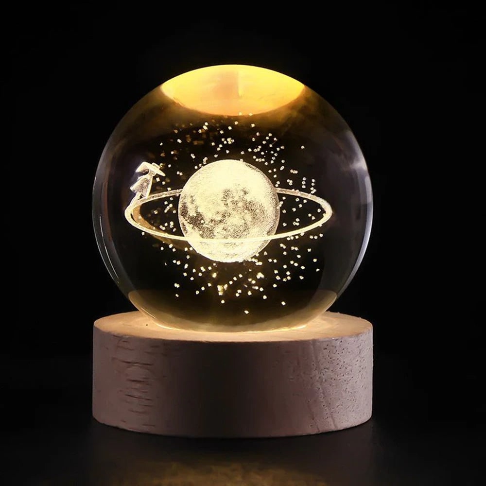 3D lézergravírozott kristálygömb-lámpa – fa talppal, USB-s LED-es éjjeli lámpa