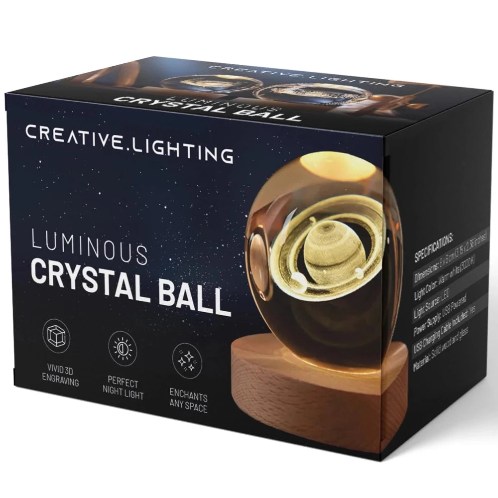 3D lézergravírozott kristálygömb-lámpa – fa talppal, USB-s LED-es éjjeli lámpa