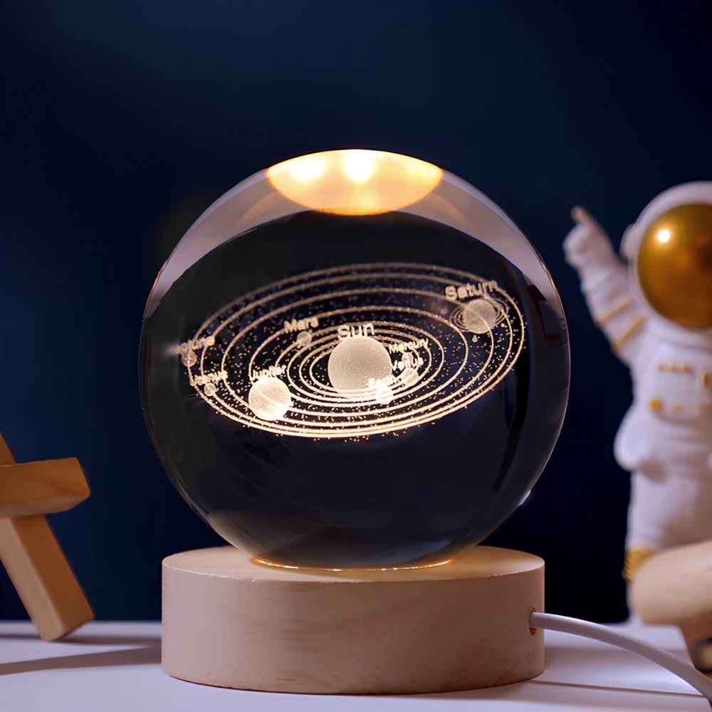 3D lézergravírozott kristálygömb-lámpa – fa talppal, USB-s LED-es éjjeli lámpa