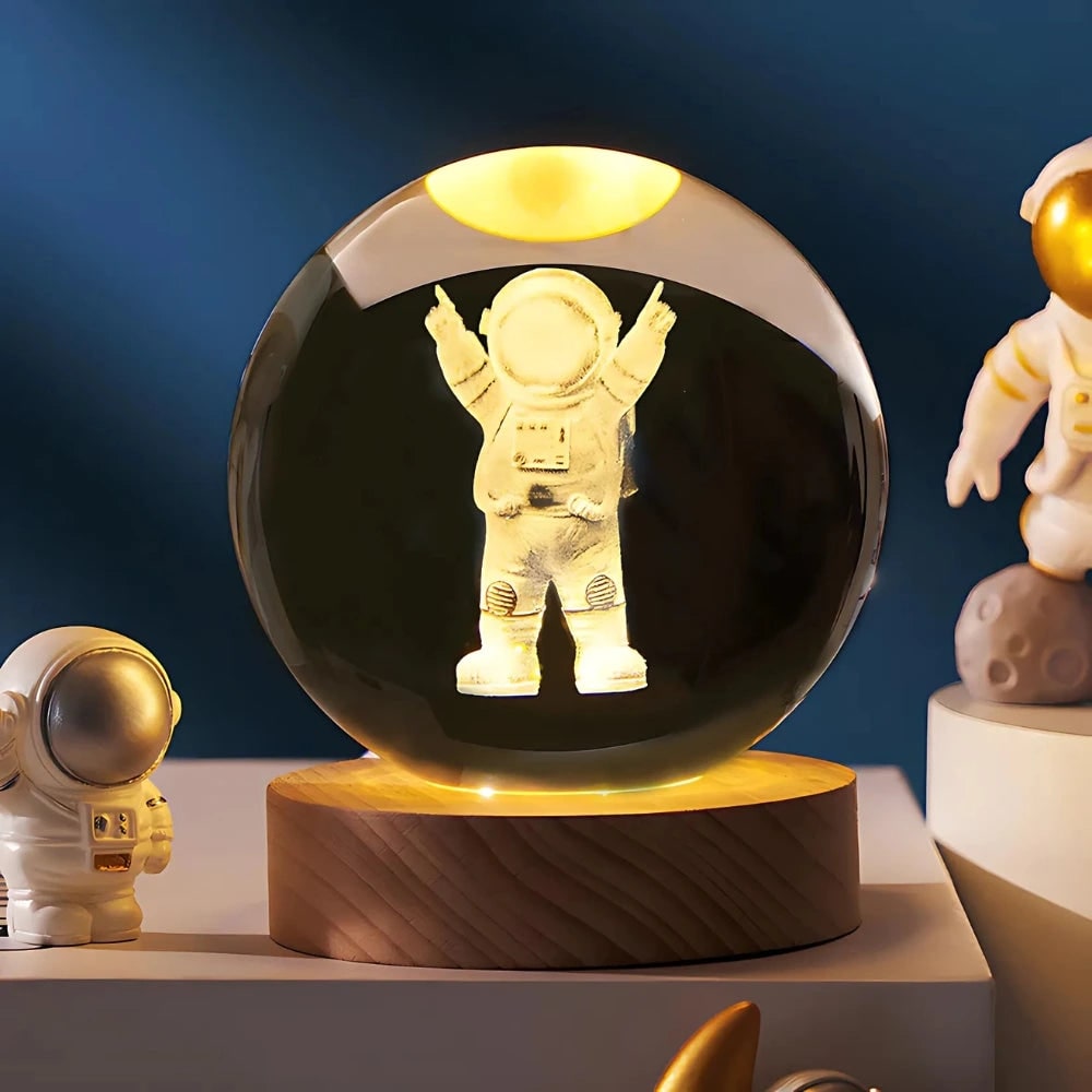 3D lézergravírozott kristálygömb-lámpa – fa talppal, USB-s LED-es éjjeli lámpa