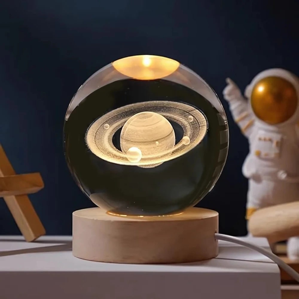 3D lézergravírozott kristálygömb-lámpa – fa talppal, USB-s LED-es éjjeli lámpa