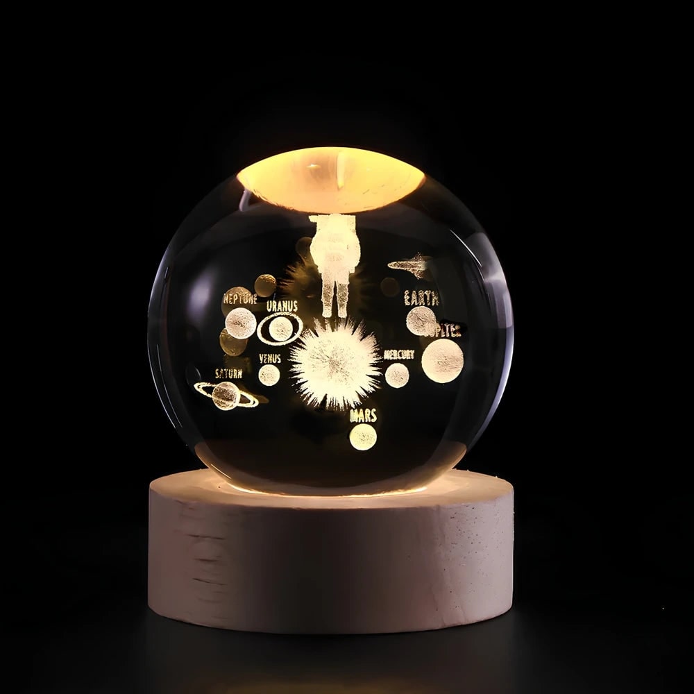 3D lézergravírozott kristálygömb-lámpa – fa talppal, USB-s LED-es éjjeli lámpa