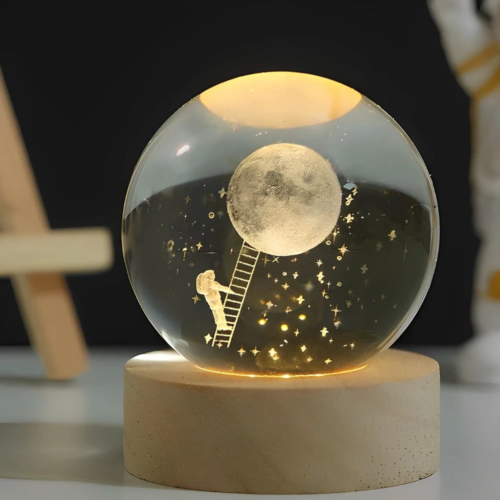 3D lézergravírozott kristálygömb-lámpa – fa talppal, USB-s LED-es éjjeli lámpa