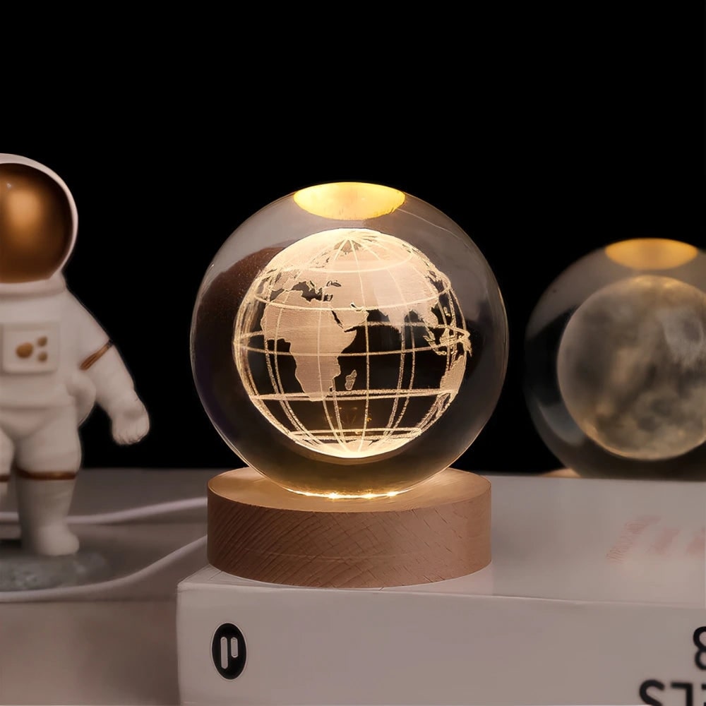 3D lézergravírozott kristálygömb-lámpa – fa talppal, USB-s LED-es éjjeli lámpa
