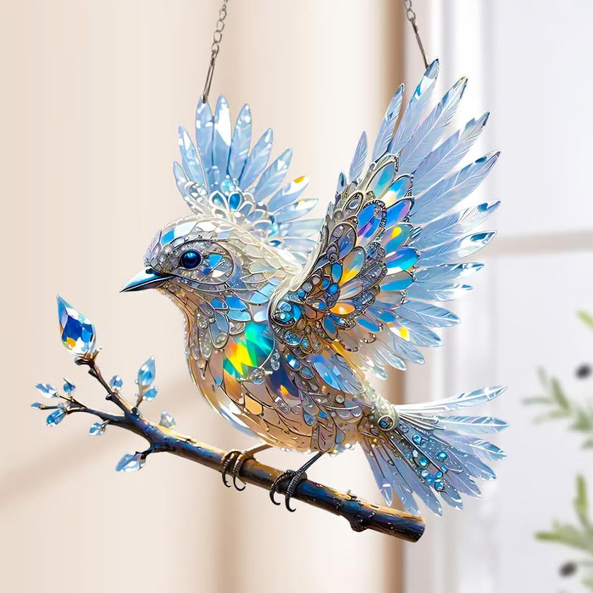 Iridescent Crystal Bird Suncatcher Hanging Ornament — Faceted Rhinestone Design