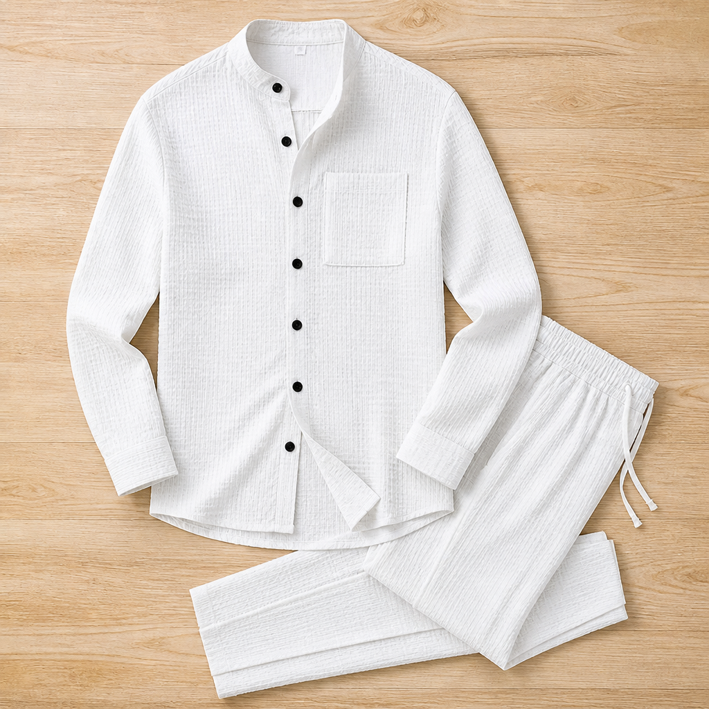 Stridonity – Relaxed Waffle-Texture Band-Collar Shirt & Pants Set | ribuella
