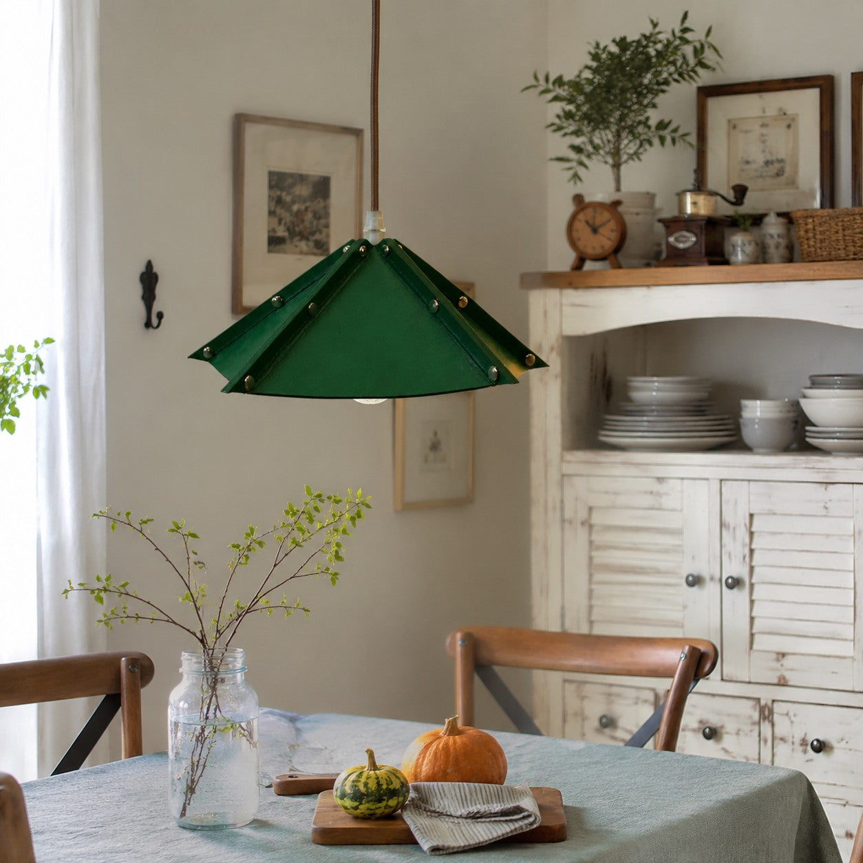 Compact Folded Leather Pendant Lamp, Warm Vintage Glow, Raised Seam Details