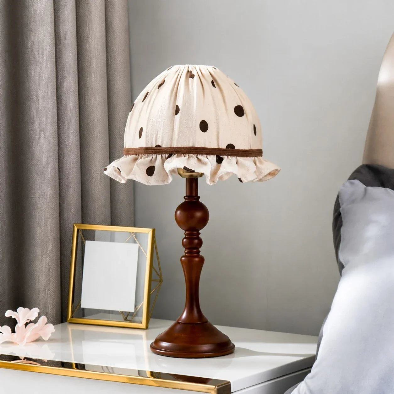 French Vintage Polka Dot Fabric Table Lamp White or Brown Trim