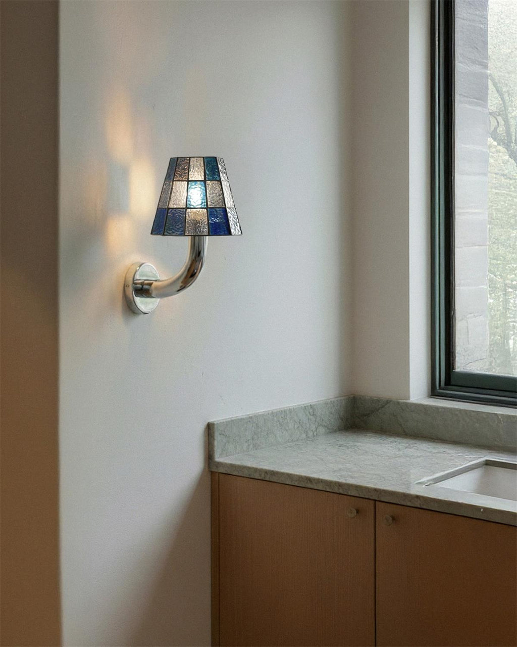 Fun Guy Wall Lamp Curved Chrome Arm And Mosaic Style Glass Shade