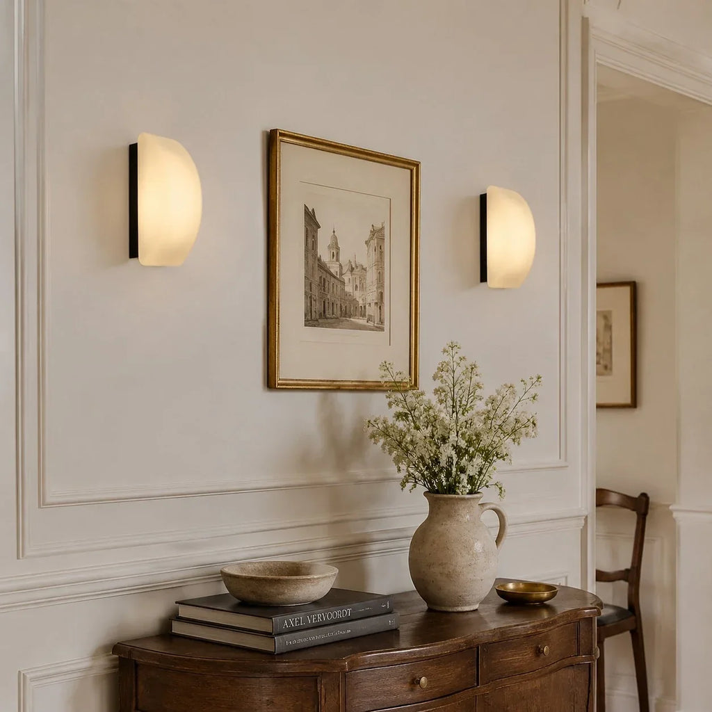 French Glass Wall Sconce - Curved Iron Frame, Black Metal Backplate, E27 Socket