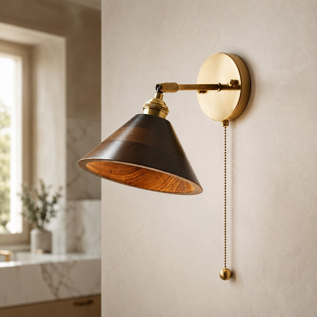 Rustieke houten wandlamp, verstelbare messing armatuur, E26/E27-fitting, max. 40 W | ribuella