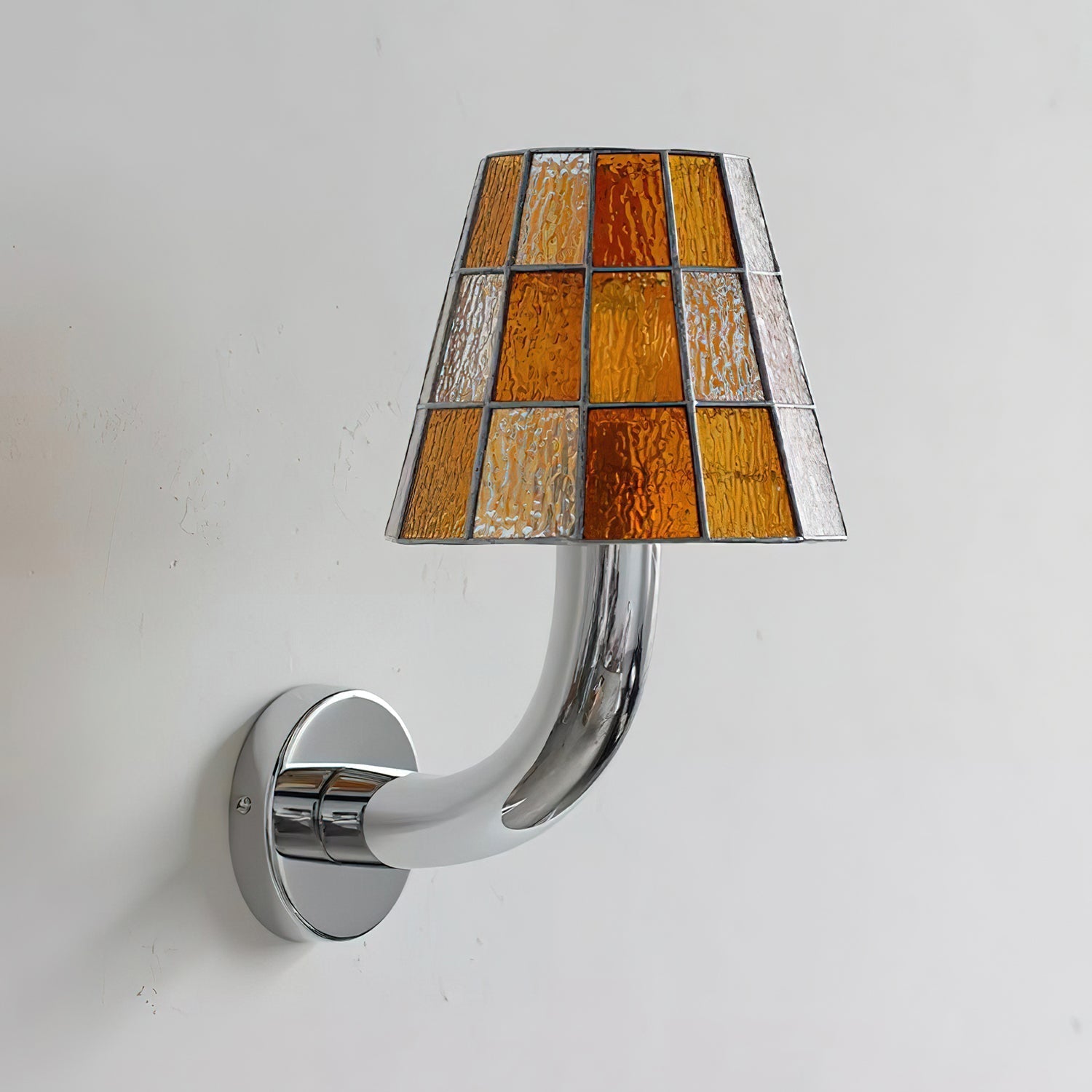 Fun Guy Wall Lamp Curved Chrome Arm And Mosaic Style Glass Shade