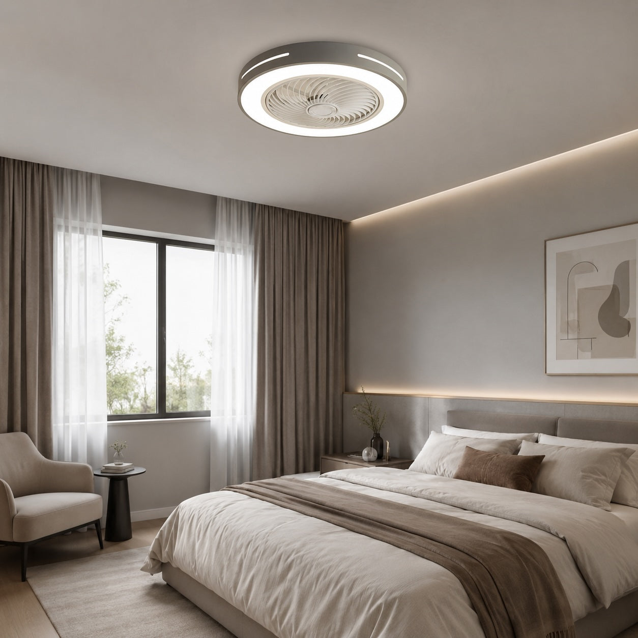 Moderner Deckenventilator ohne Flügel mit Beleuchtung, flache Montage, Eisen, einstellbare LED, 72 W, für den Wohnbereich | ribuella