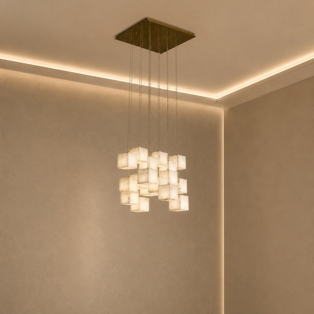Modern Alabaster Box Pendant Light Hanging Fixture with LED Compatibility and Adjustable Height | ribuella