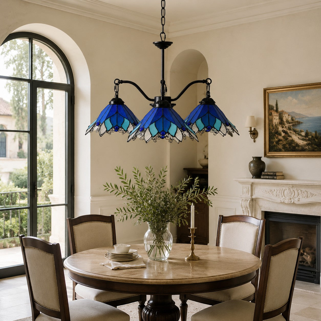Four-Light Stained Glass Chandelier — Hand-Cut Glass Shades