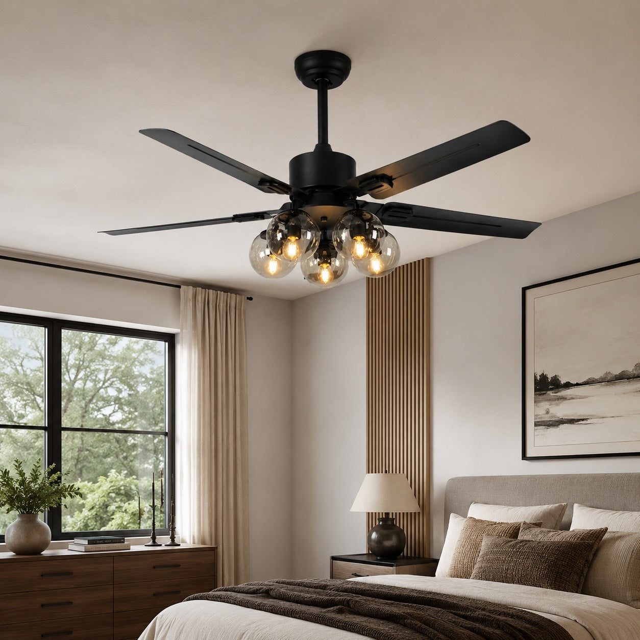 Industrial Black Ceiling Fan Light Flush Mount Metal Adjustable LED 52 Inch 60W | ribuella