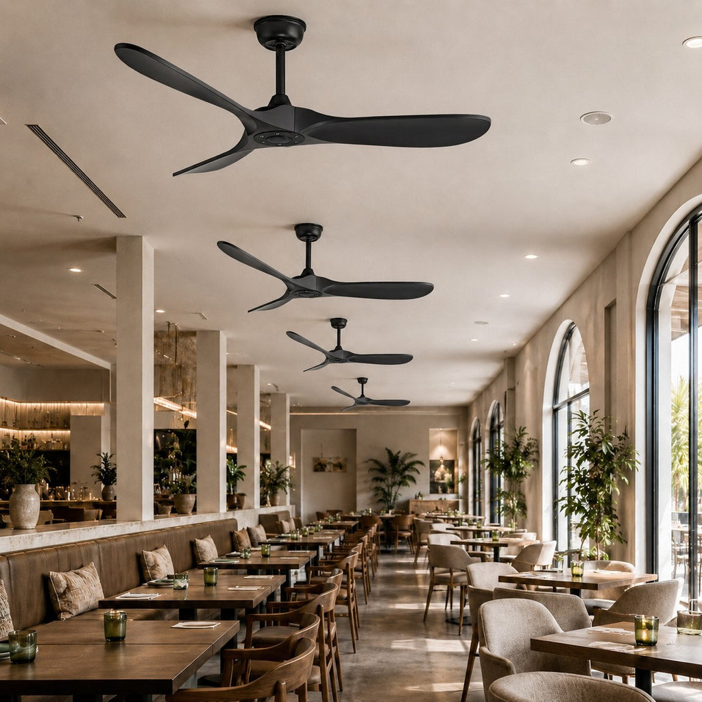 Modern Black Ceiling Fan Flush Mount Metal 6-Speed DC Motor Remote Control Energy Efficient | ribuella