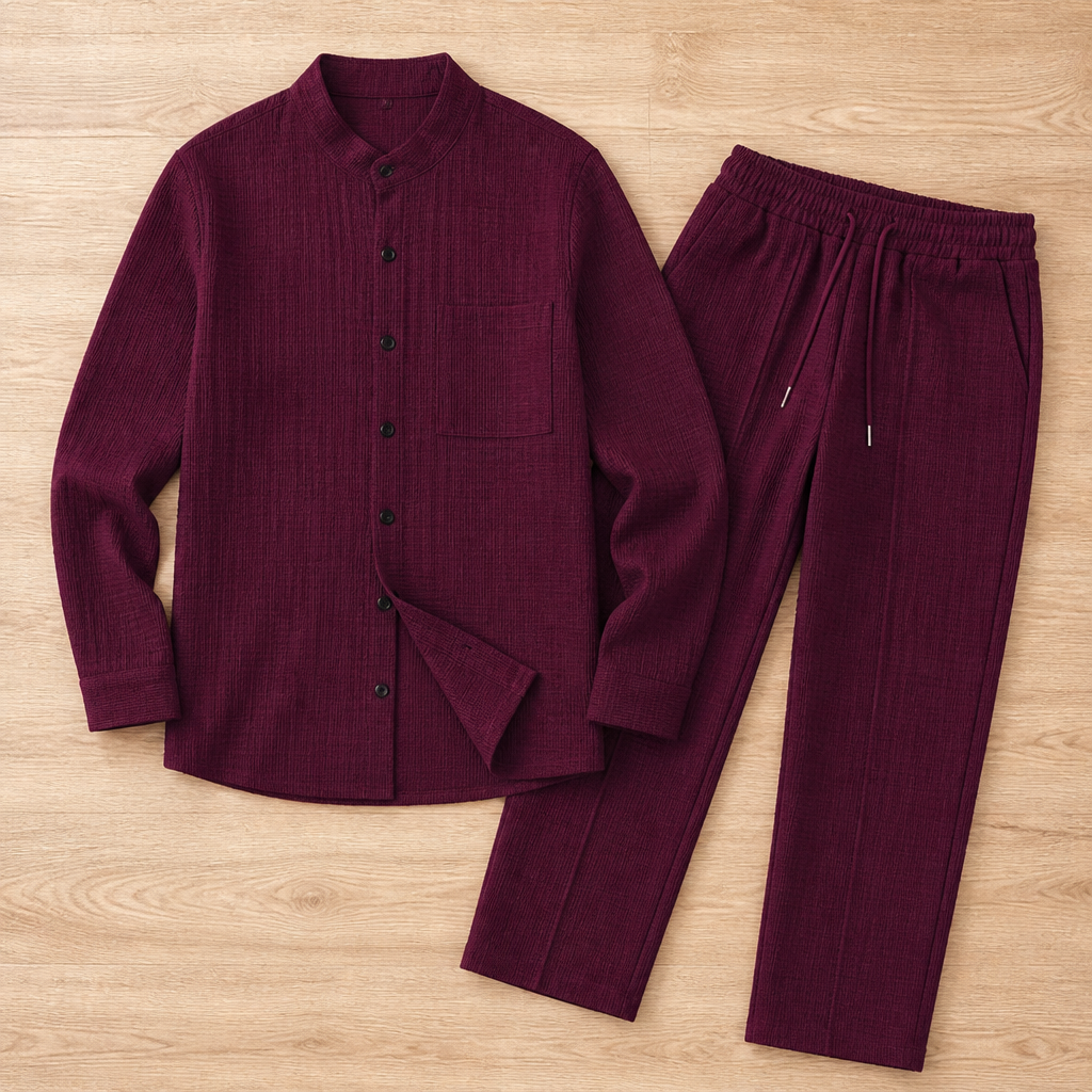 Stridonity – Relaxed Waffle-Texture Band-Collar Shirt & Pants Set | ribuella
