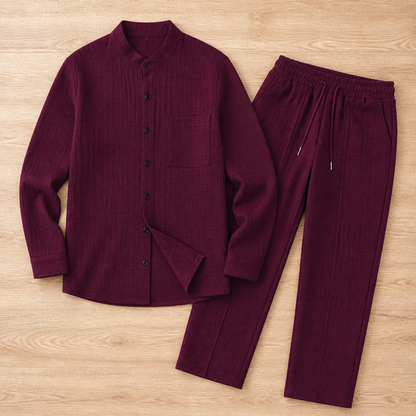 Stridonity – Relaxed Waffle-Texture Band-Collar Shirt & Pants Set | ribuella