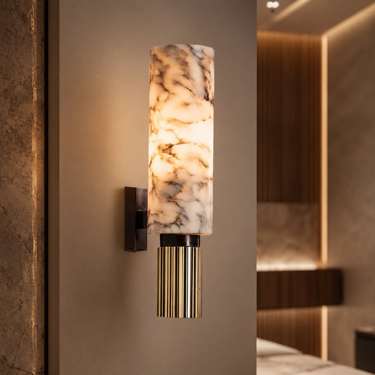 Contemporary Wall Light Wall Mounted Alabaster Cylinder Fluted Copper Base LED Sconce 38cm | ribuella