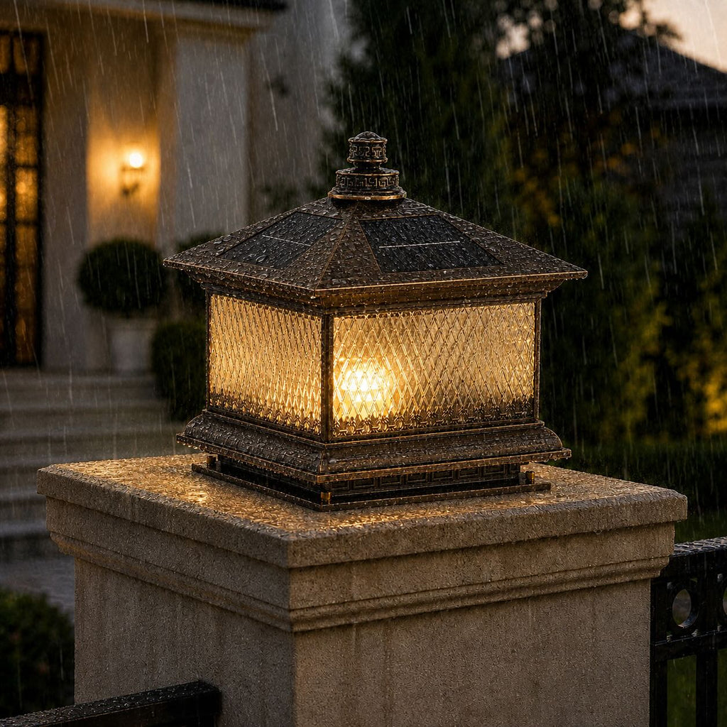 Moderne Solar-Gartenleuchten als Mastlampen aus Aluminium, LED, mit Fernbedienung und Diamantglas-Design | ribuella