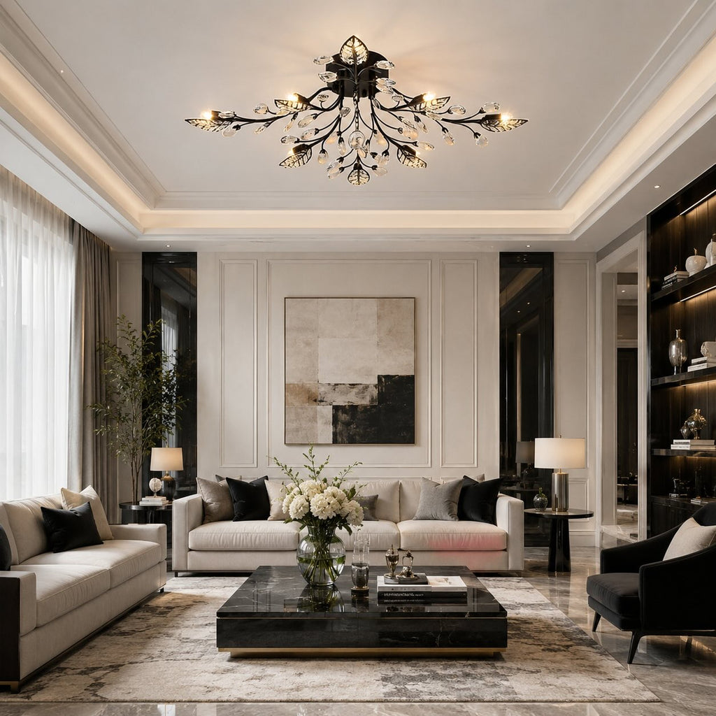 Modern Crystal Chandelier Semi-Flush Mount Iron 8-Light LED Fixture with Elegant Leaf Design | ribuella