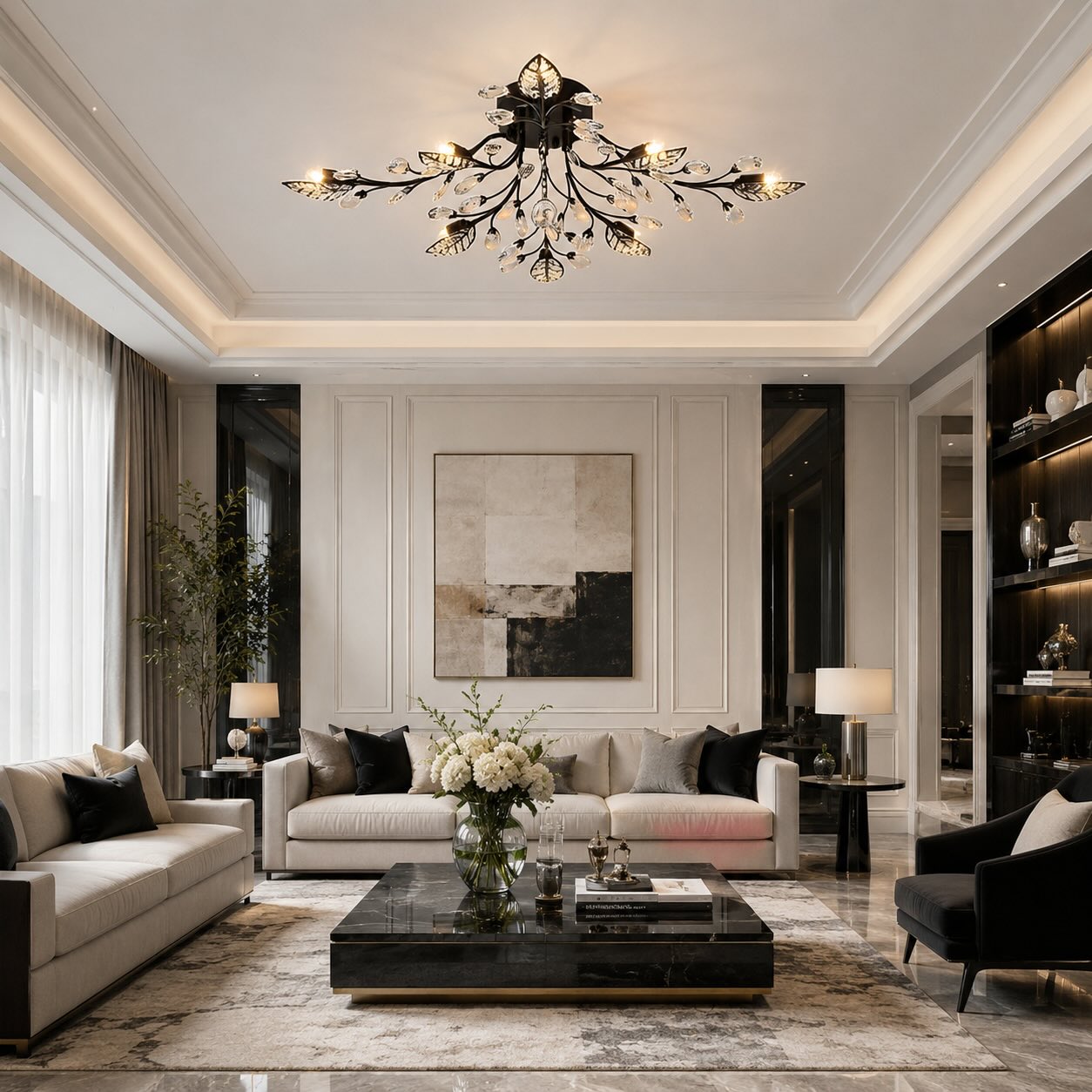 Modern Crystal Chandelier Semi-Flush Mount Iron 8-Light LED Fixture with Elegant Leaf Design | ribuella