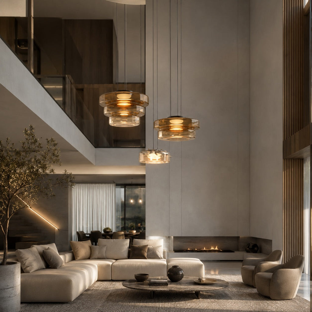 Modern Glass Pendant Light Hanging Fixture with Adjustable Height Dimmable LED and Iron Finish | ribuella