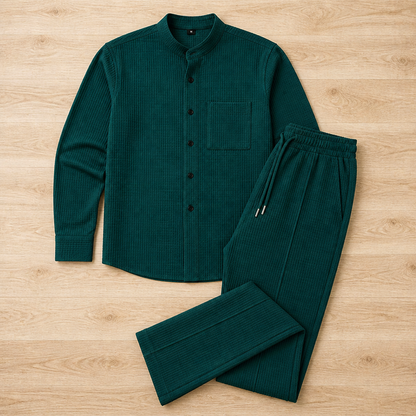 Stridonity – Relaxed Waffle-Texture Band-Collar Shirt & Pants Set | ribuella