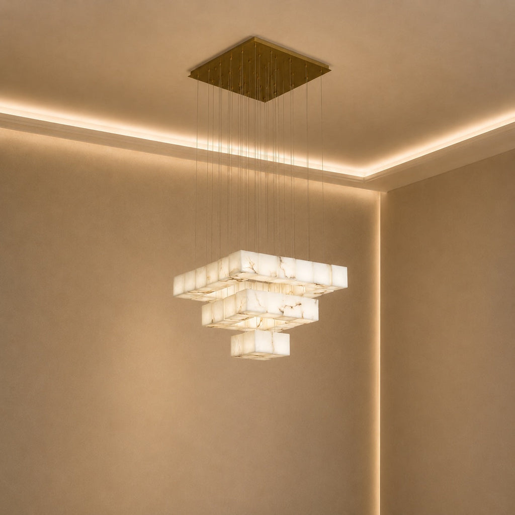 Modern Alabaster Box Pendant Light Hanging Fixture with LED Compatibility and Adjustable Height | ribuella