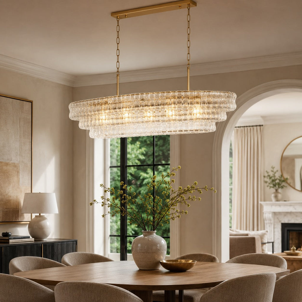 Modern Oval Chandelier Light Adjustable Hanging Steel Glass Fixture with 5 or 12 Bulb Options | ribuella