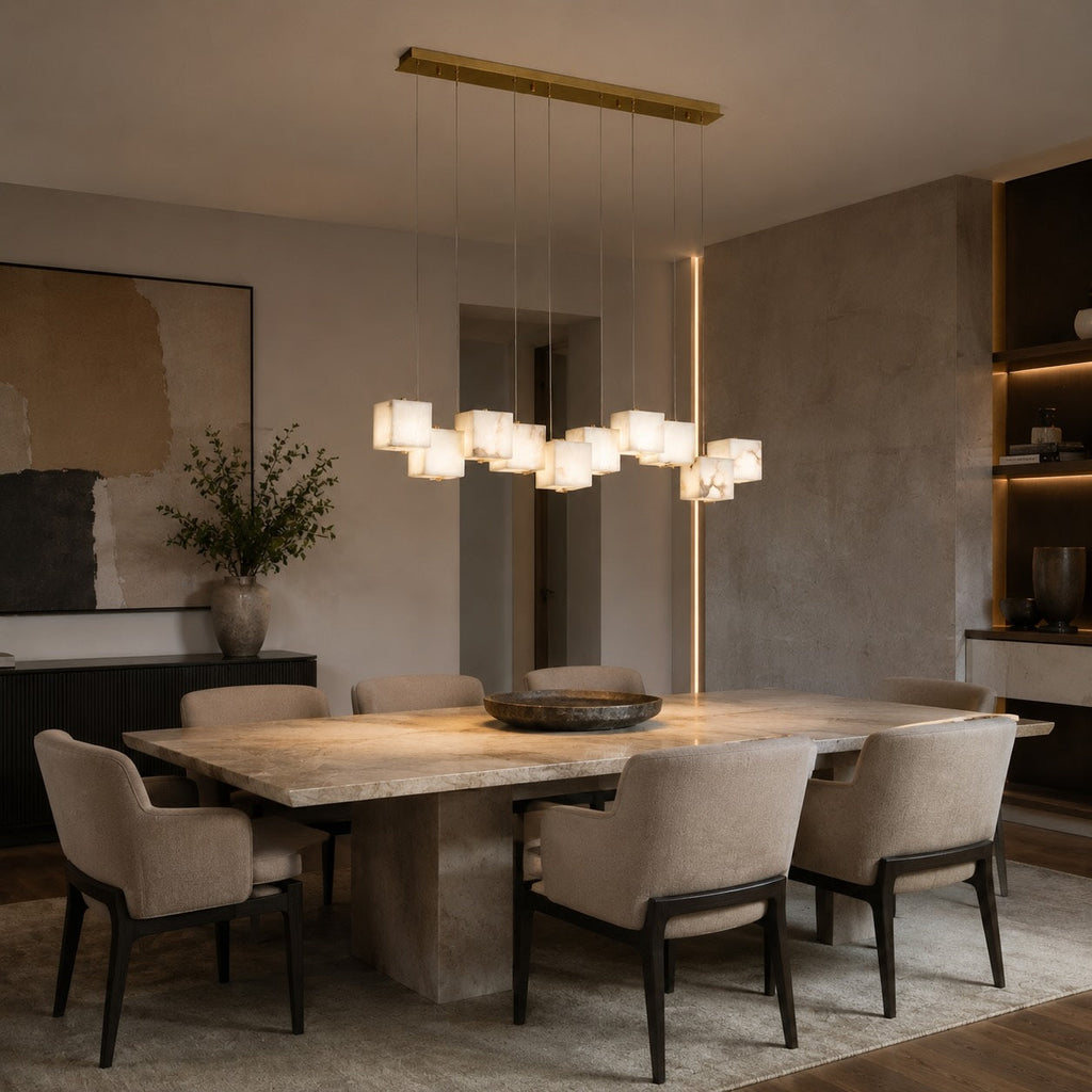 Modern Alabaster Box Pendant Light Hanging Fixture with LED Compatibility and Adjustable Height | ribuella