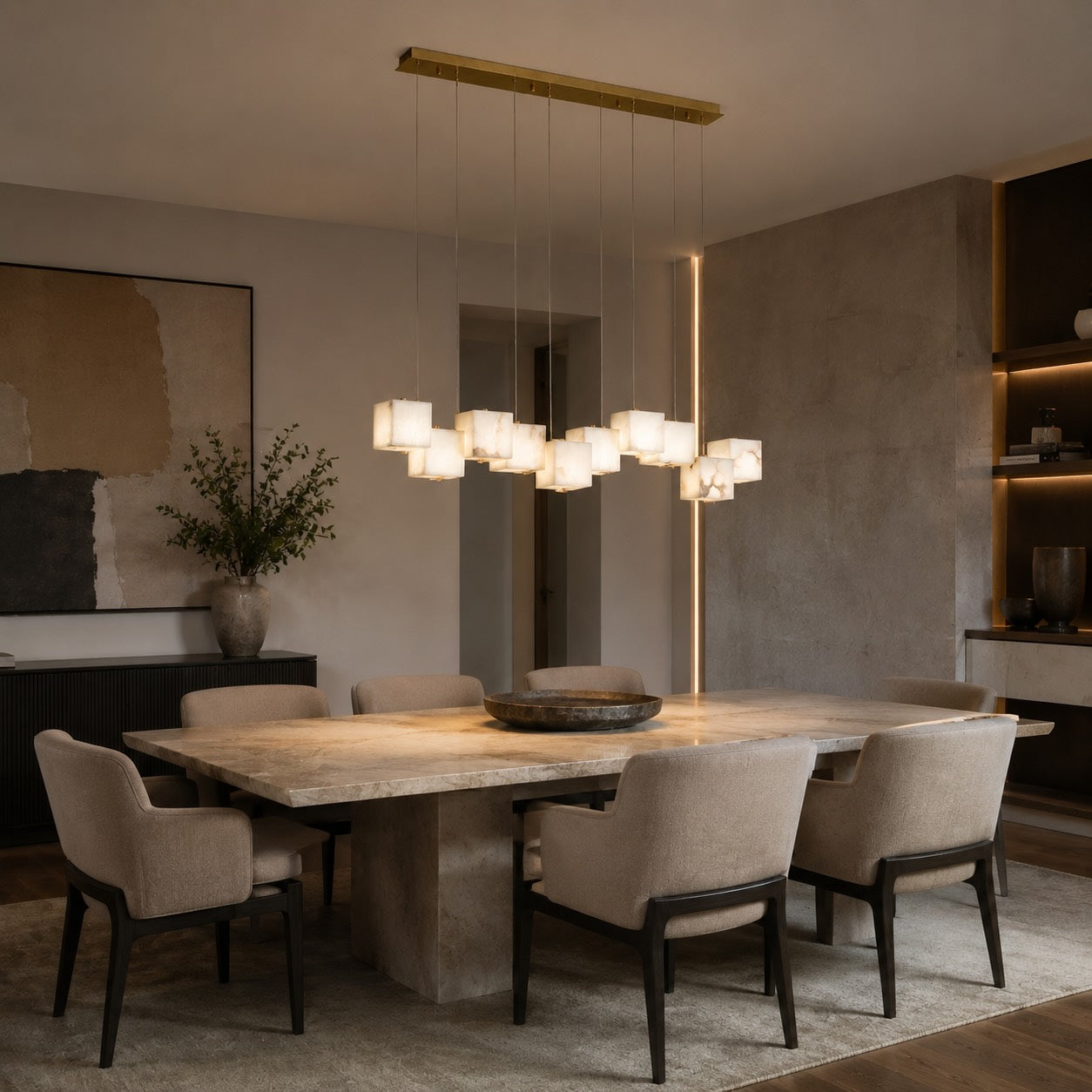 Modern Alabaster Box Pendant Light Hanging Fixture with LED Compatibility and Adjustable Height | ribuella