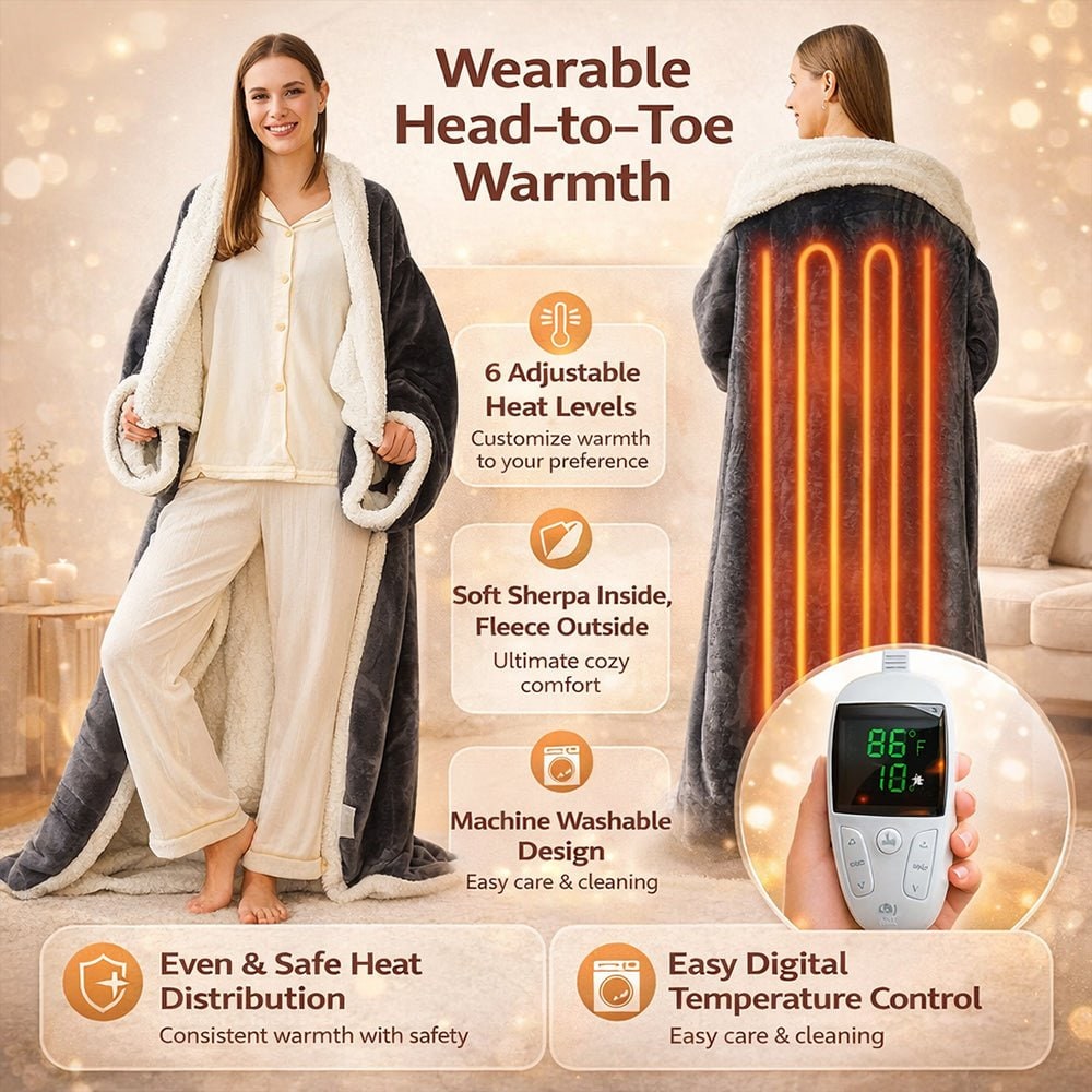 Manta eléctrica calefactable ponible — forro polar de sherpa, mangas y bolsillo para los pies