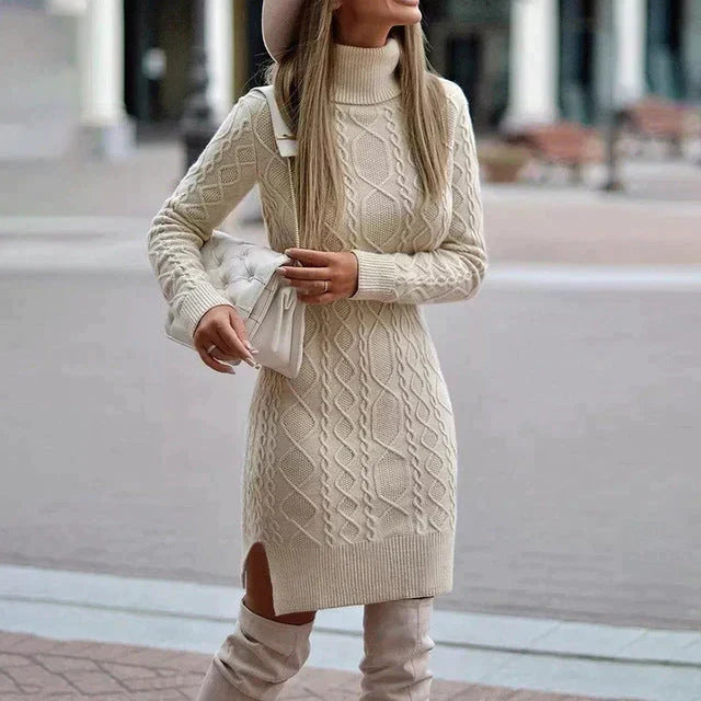 Orntli Warm Cable Knit Midi Sweater Dress For Autumn Winter