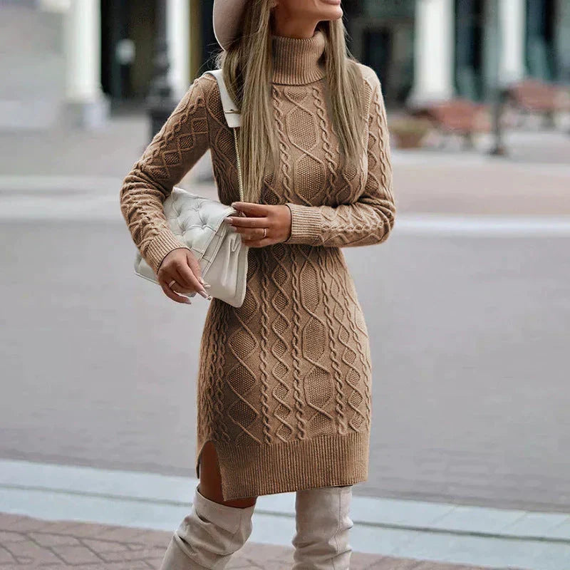 Orntli Warm Cable Knit Midi Sweater Dress For Autumn Winter
