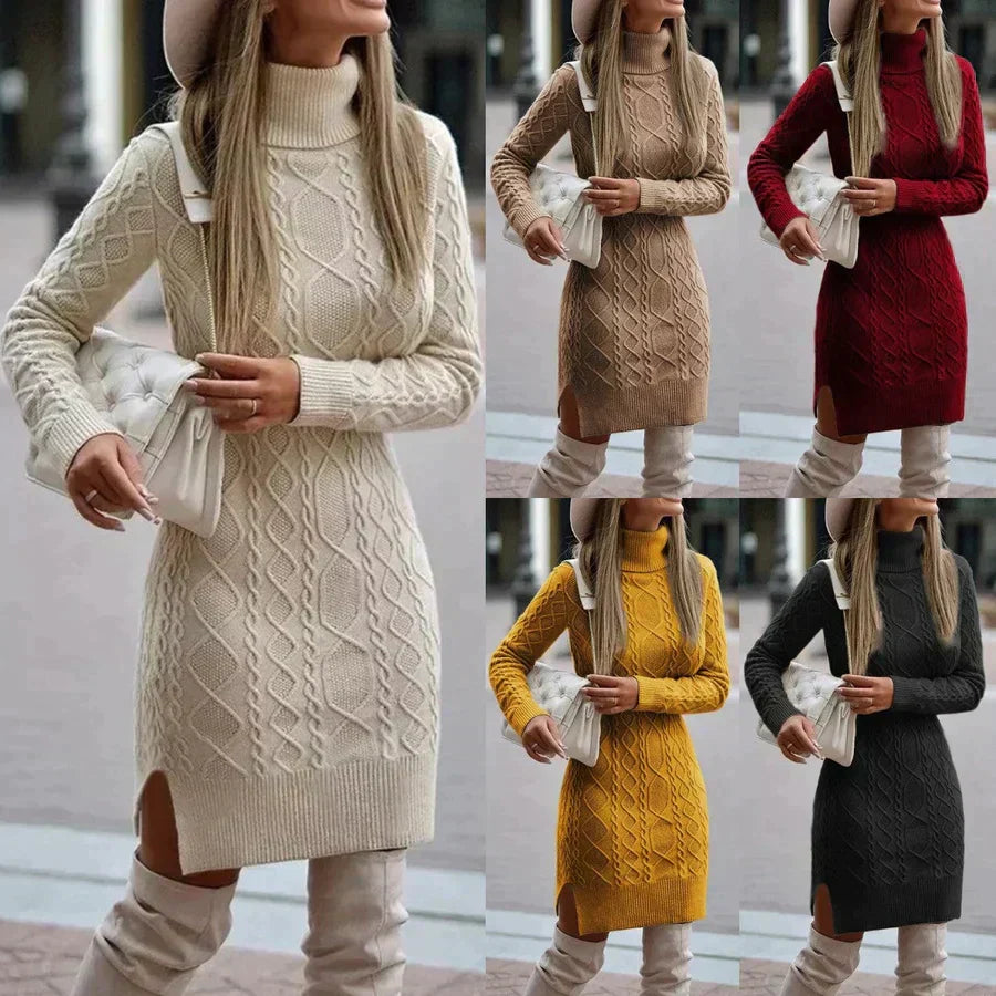 Orntli Warm Cable Knit Midi Sweater Dress For Autumn Winter