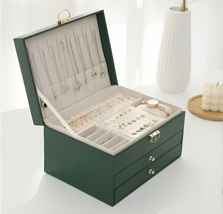 Organiseur compact à bijoux à plusieurs niveaux, tiroirs intérieurs