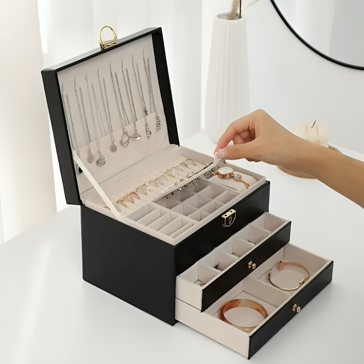 Organiseur compact à bijoux à plusieurs niveaux, tiroirs intérieurs