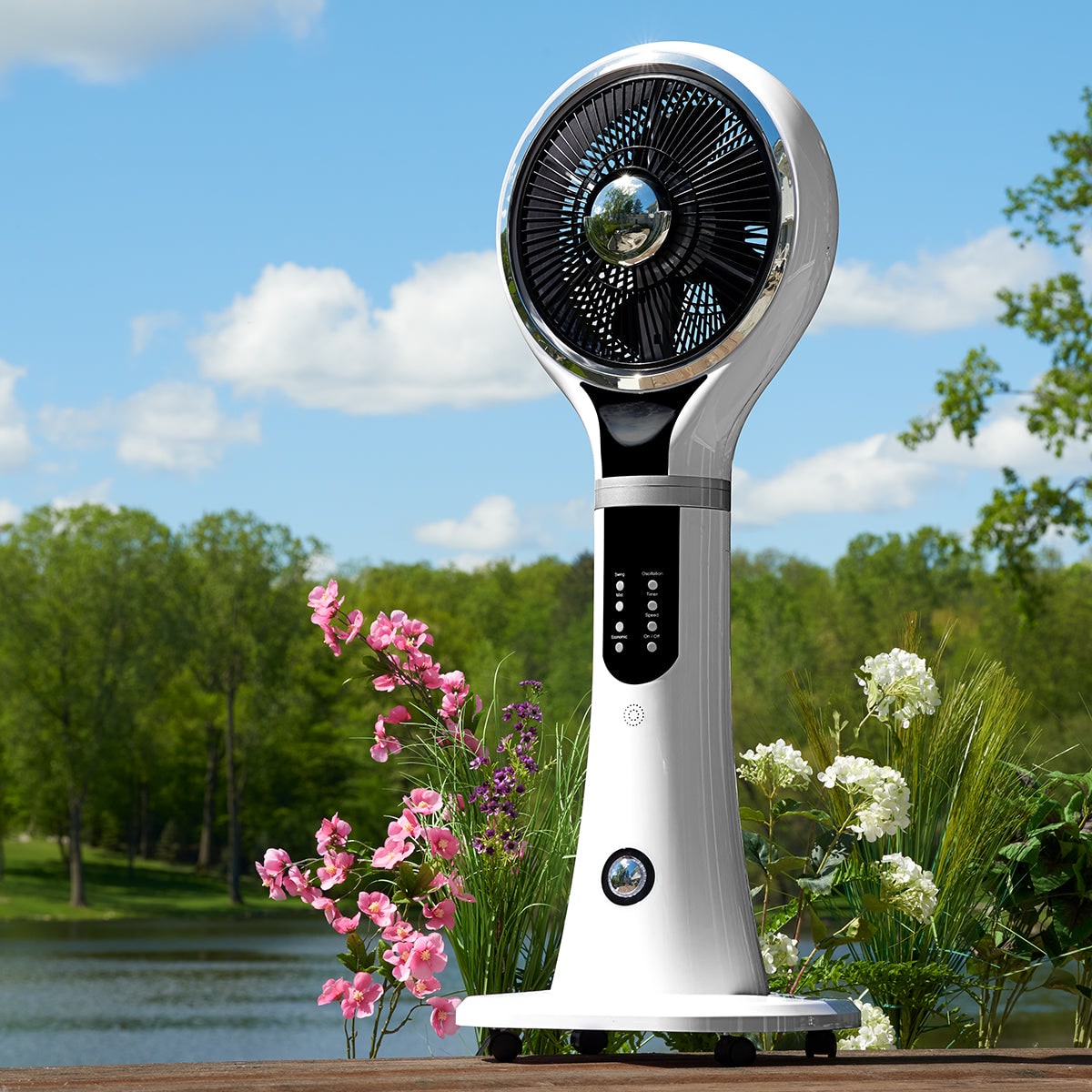 Portable Pedestal Misting Fan, Oscillating Airflow, White LED Display, Evaporative Cooling