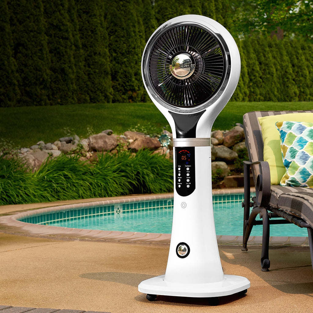 Ventilador nebulizador portátil de pedestal, flujo de aire oscilante, pantalla LED blanca, enfriamiento evaporativo