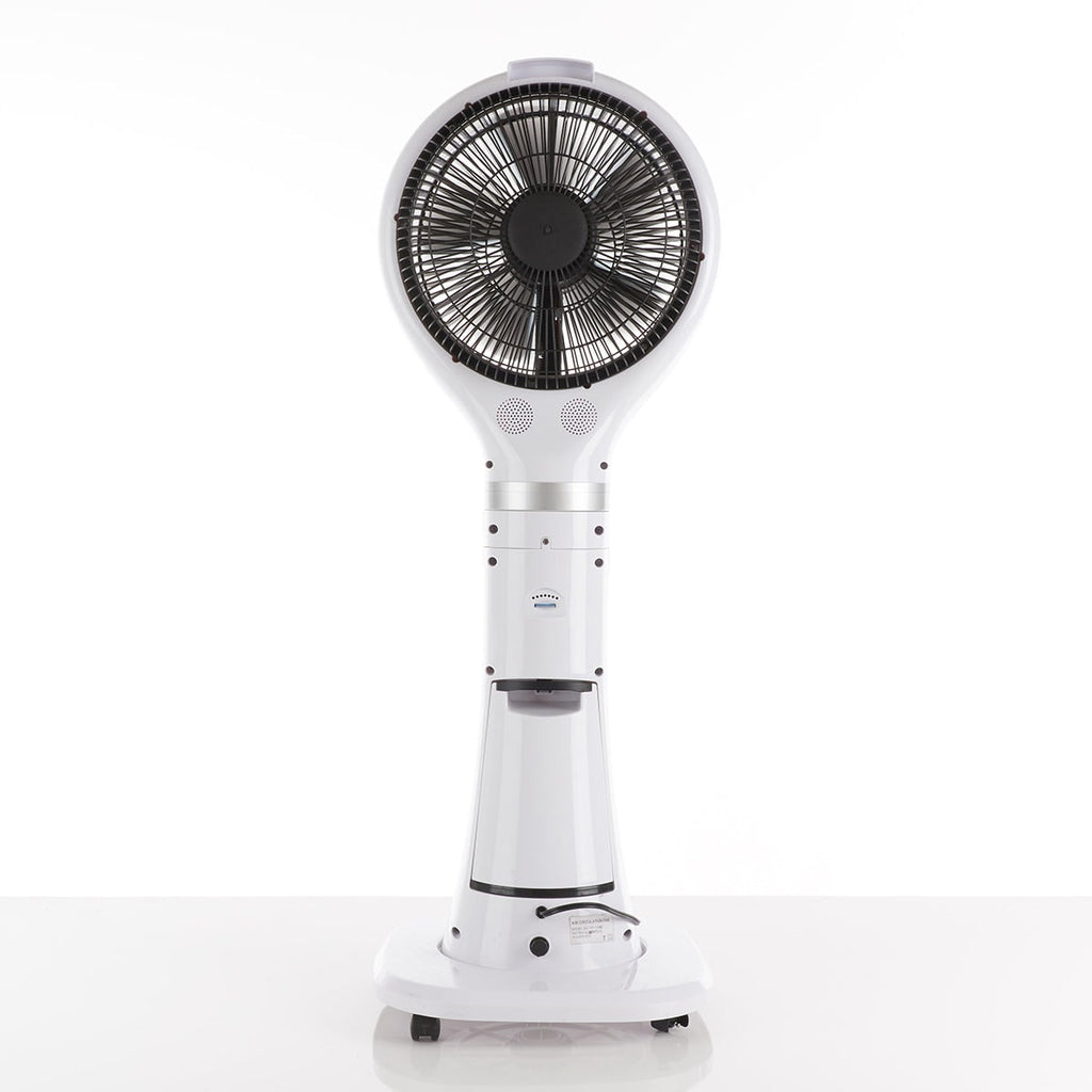 Ventilador nebulizador portátil de pedestal, flujo de aire oscilante, pantalla LED blanca, enfriamiento evaporativo
