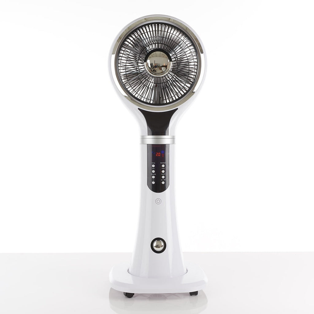 Ventilador nebulizador portátil de pedestal, flujo de aire oscilante, pantalla LED blanca, enfriamiento evaporativo