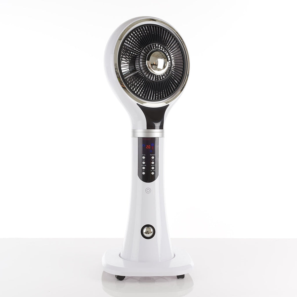 Ventilador nebulizador portátil de pedestal, flujo de aire oscilante, pantalla LED blanca, enfriamiento evaporativo