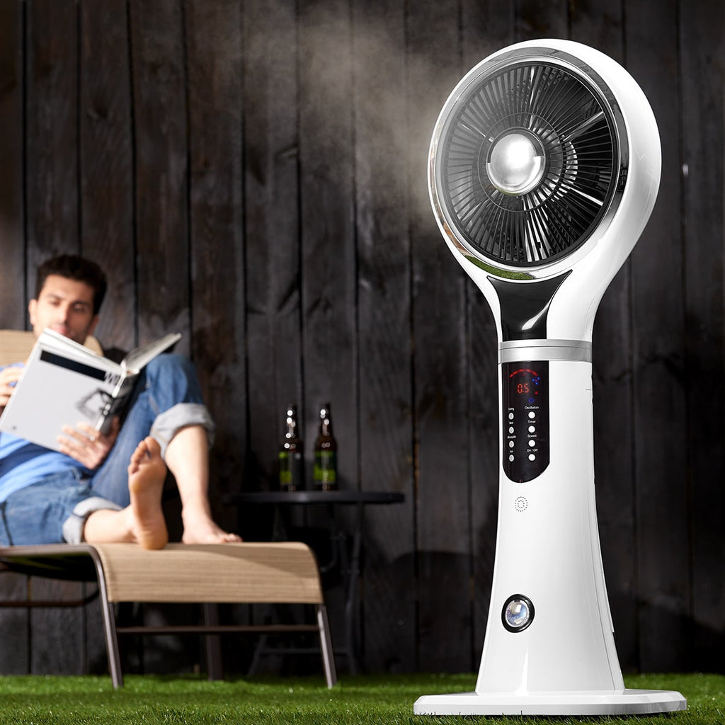 Ventilador nebulizador portátil de pedestal, flujo de aire oscilante, pantalla LED blanca, enfriamiento evaporativo