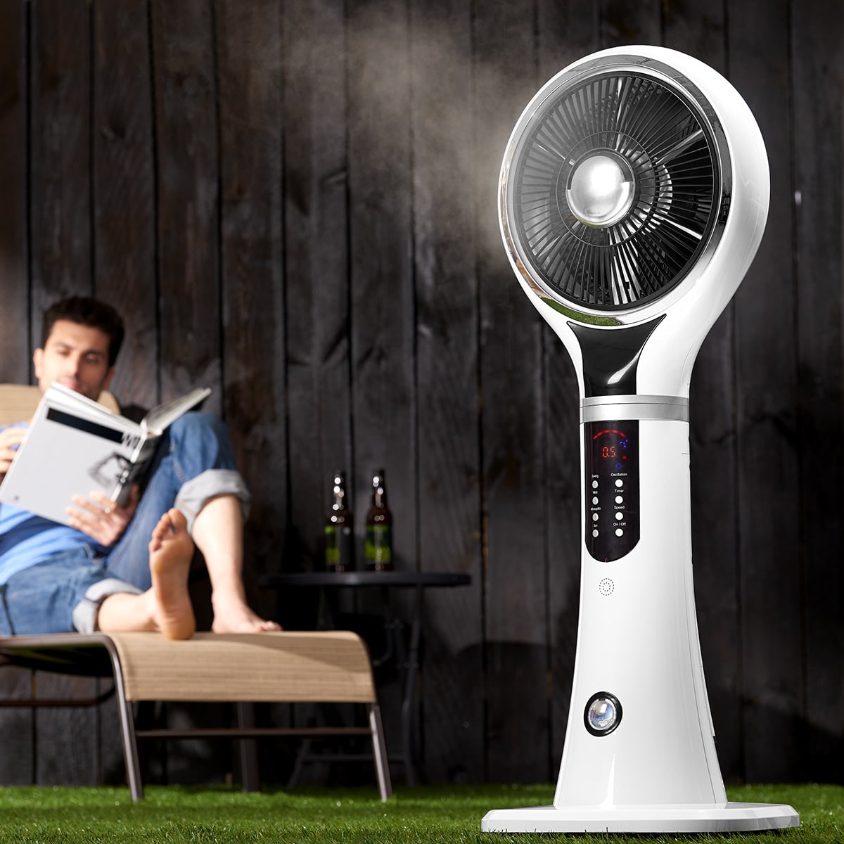 Portable Pedestal Misting Fan, Oscillating Airflow, White LED Display, Evaporative Cooling
