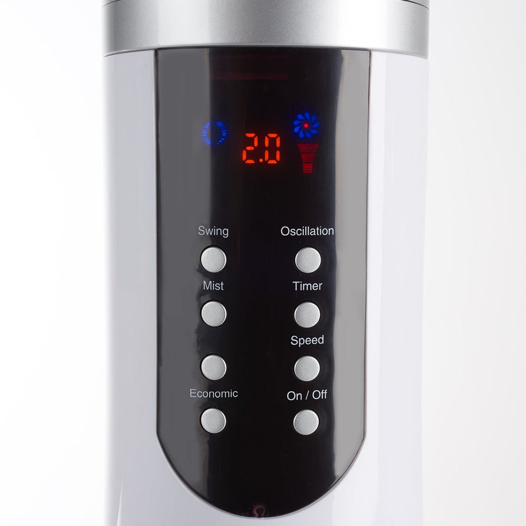 Ventilador nebulizador portátil de pedestal, flujo de aire oscilante, pantalla LED blanca, enfriamiento evaporativo